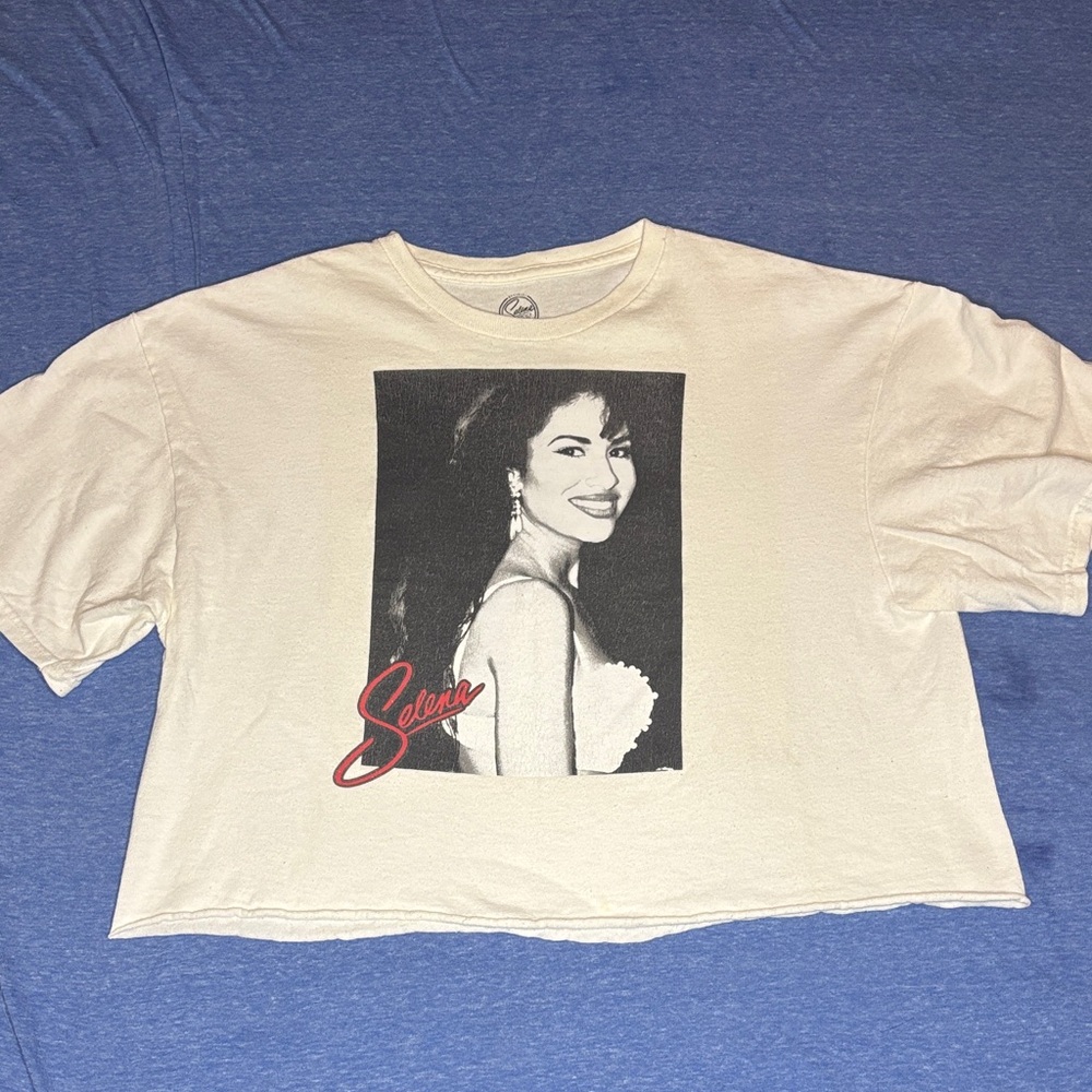 Selena Graphic Crop Tee - White with Black & Red Print